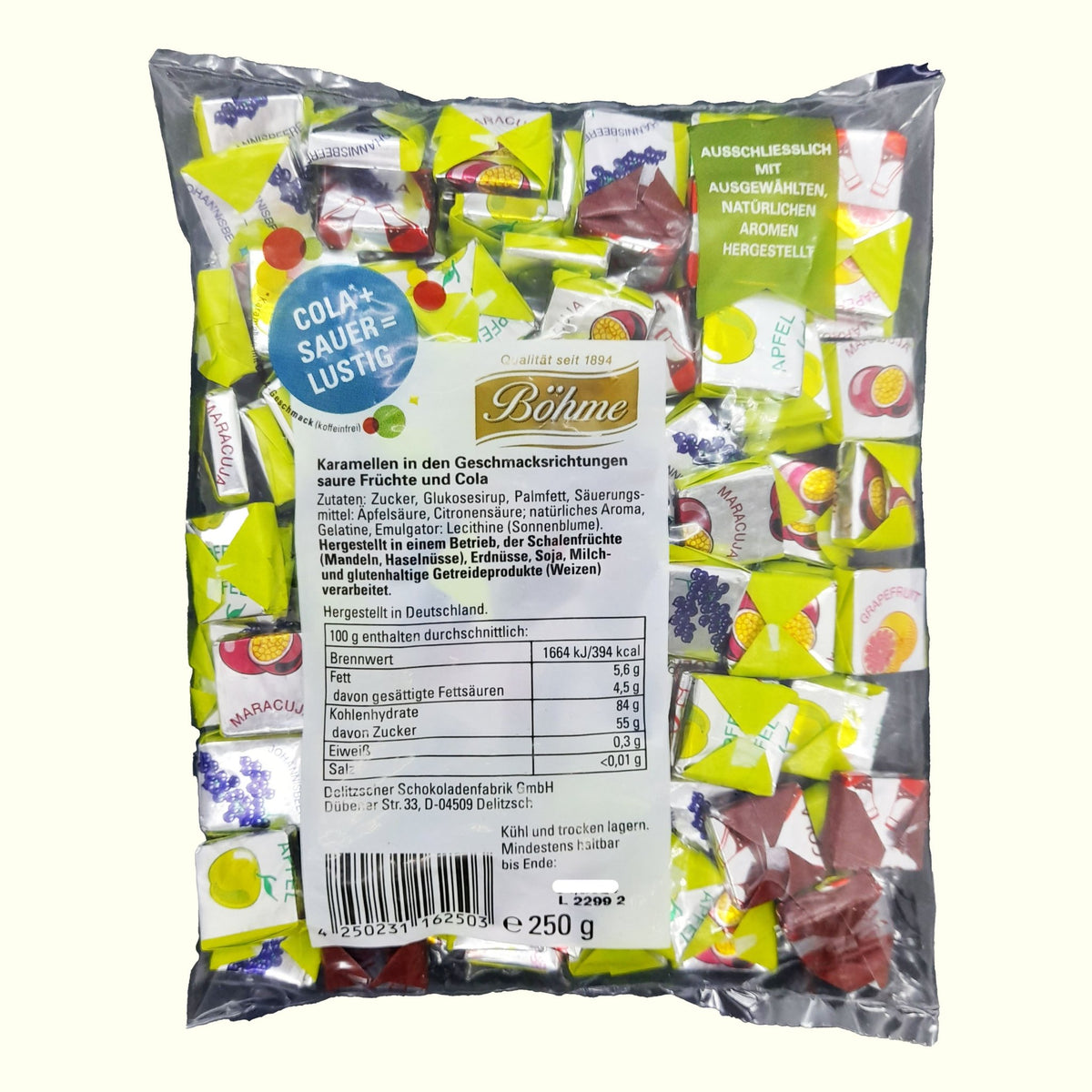 Böhme Fruchtkaramellen saure Früchte und Cola 250g - TopCandy